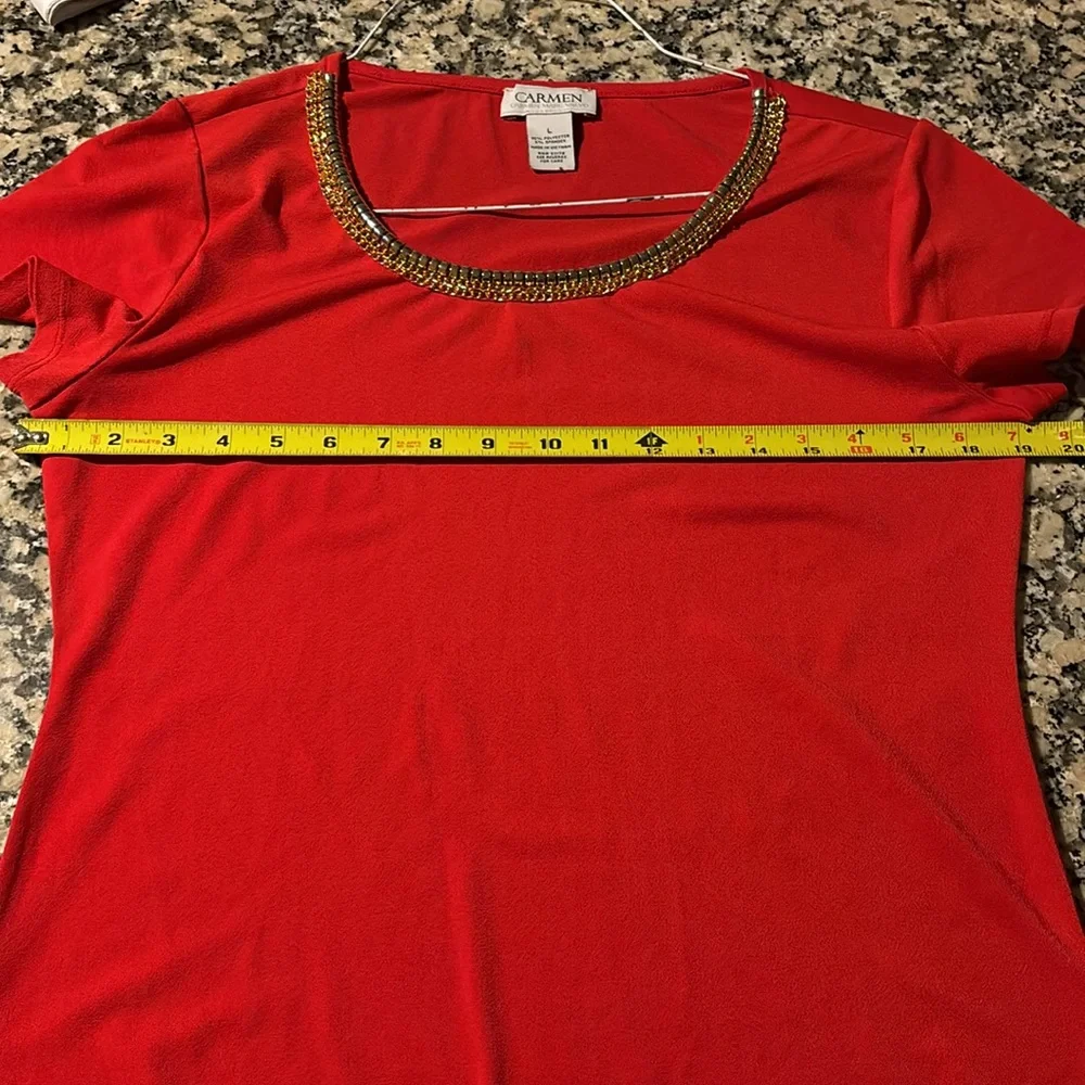 Carmen Marc Valvo Holiday Red Short Sleeve Blouse Christmas SzL - Picture 6 of 7